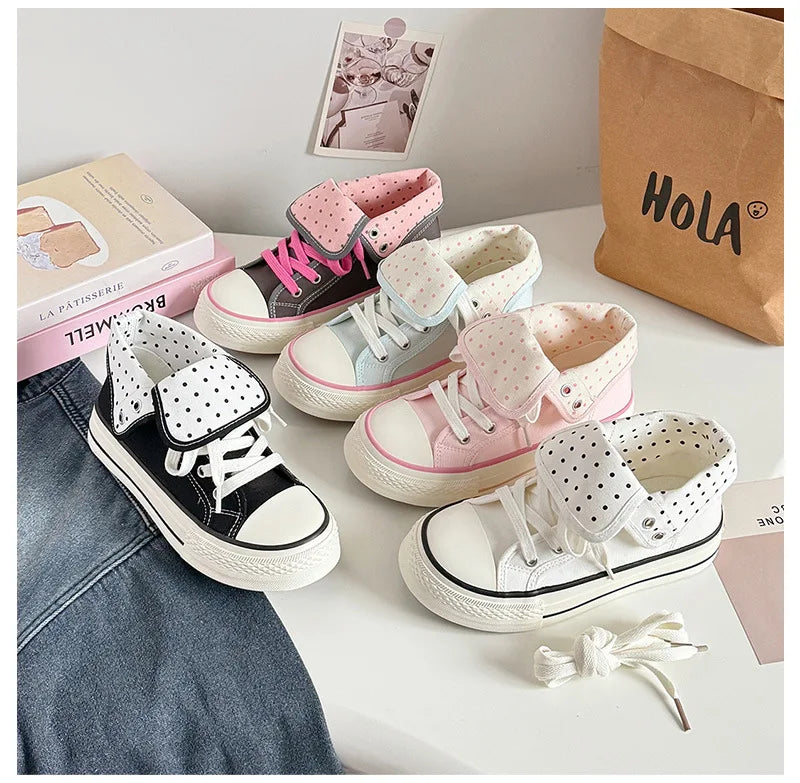 Women's High Top Platform Canvas Sneakers Polka Dot Foldable Collar Lace Up Breathable Korean Style Casual Shoes Fall 2026