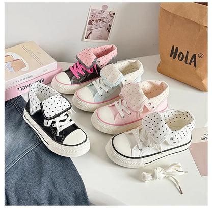 Women's High Top Platform Canvas Sneakers Polka Dot Foldable Collar Lace Up Breathable Korean Style Casual Shoes Fall 2026