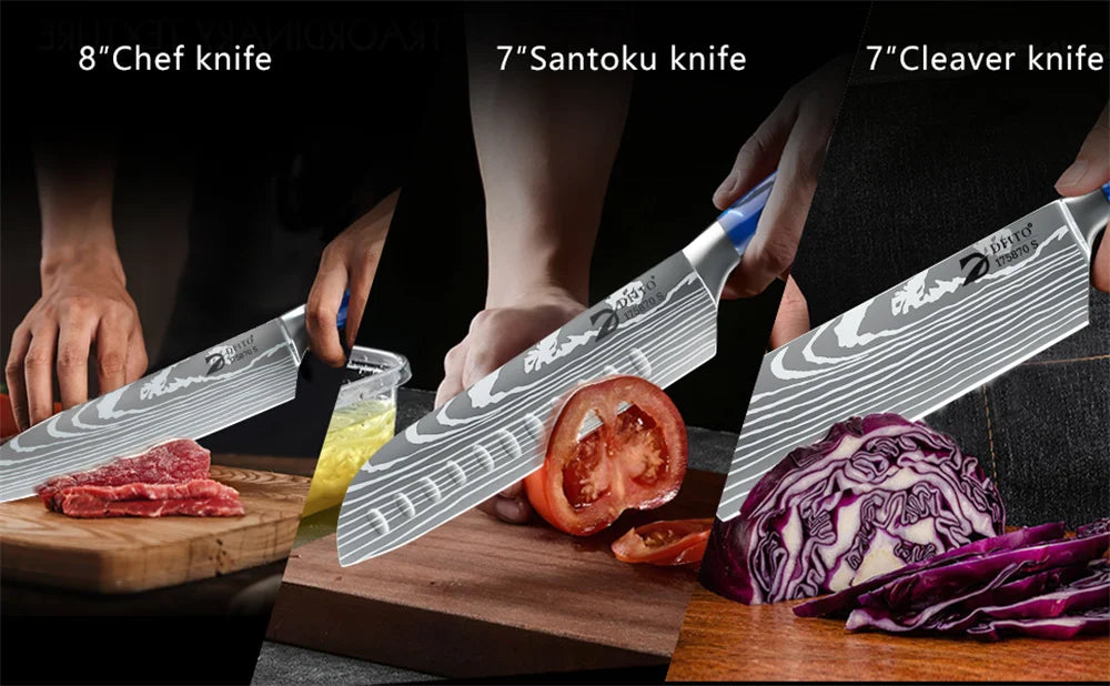 Damascus Steel Kitchen Knife Set - 8-Piece Chef Utility Paring Boning Cleaver Santoku with Nylon Bag