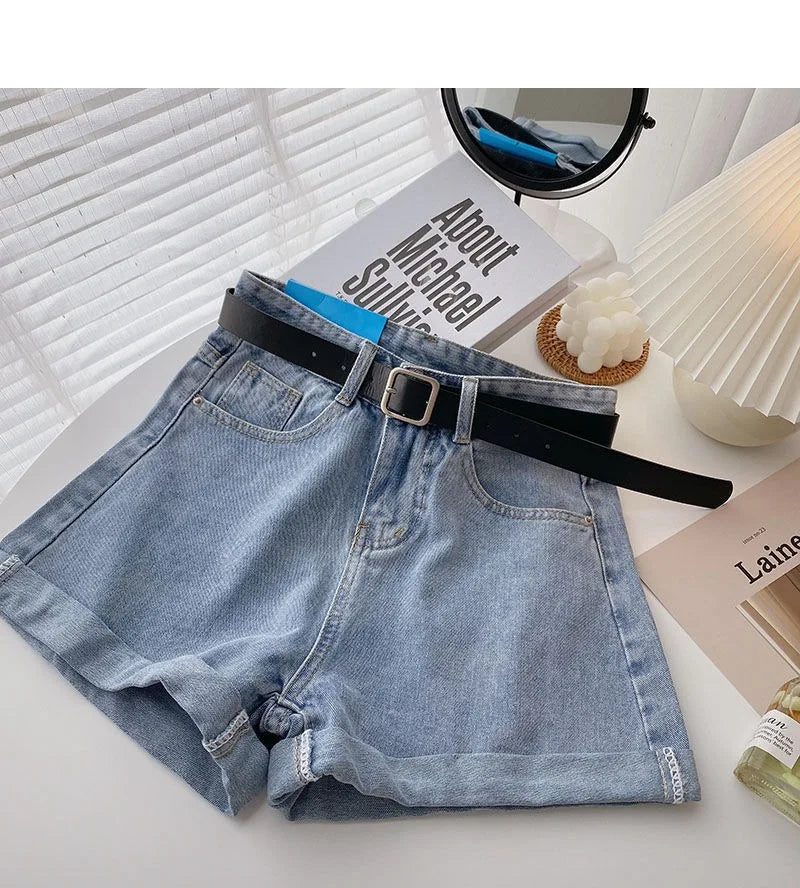 Women's High-Waist Denim Shorts – Wide-Leg Jean Shorts with Belt