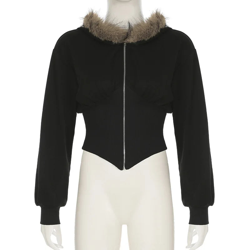 Goth Dark Autumn Winter Faux Fur Collar Solid Hooded Coats Women Casual Slim Waist Zip Hoodies Gothic Jackets Chic Streetwear