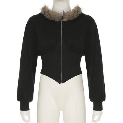 Goth Dark Autumn Winter Faux Fur Collar Solid Hooded Coats Women Casual Slim Waist Zip Hoodies Gothic Jackets Chic Streetwear