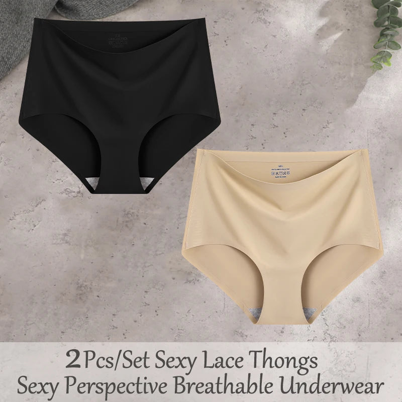 FINETOO 2Pcs/Set Summer Traceless Ice Silk Panties For Women Solid Color High Waist Underpants Female Breathable Sexy Lingerie