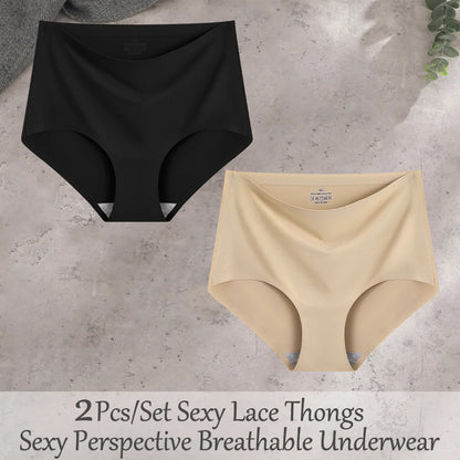 FINETOO 2Pcs/Set Summer Traceless Ice Silk Panties For Women Solid Color High Waist Underpants Female Breathable Sexy Lingerie