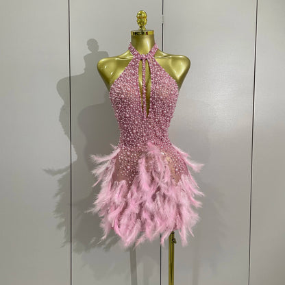 Backless Halter Dress - Women's Party Mini Sheath With Rhinestone & Feather Details