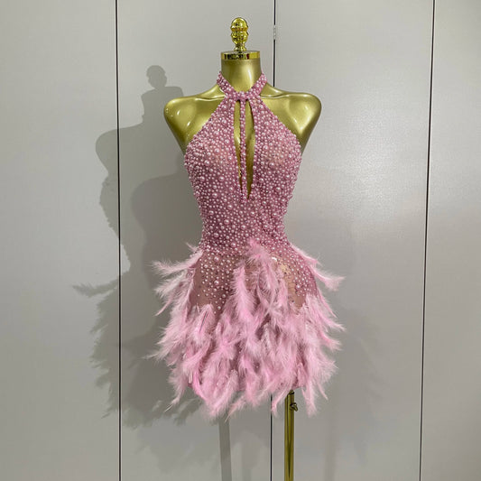 Backless Halter Dress - Women's Party Mini Sheath With Rhinestone & Feather Details