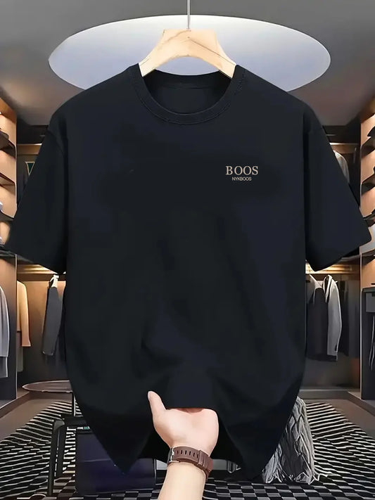 100% Pure Cotton Men's Loose T-Shirt Breathable Casual Fashion Letter Pattern Printed Short Sleeved Round Neck Top