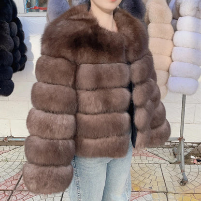 Fox Fur Coat - Slim Fit Women Winter Coat | Brown Real Fur Jacket With Hook Closure