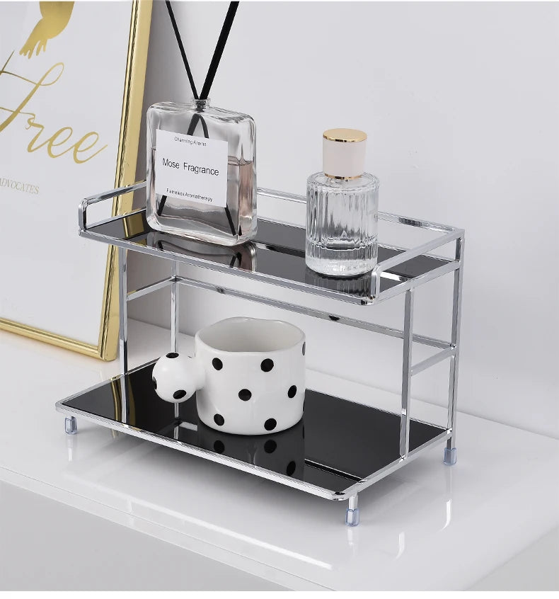 Metal Desk Organizer - Double Layer Desktop Storage Rack for Cup, Cosmetics & Bathroom