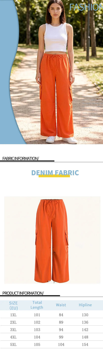 Women's Orange Cargo Wide Leg Pants Casual Loose High Waisted Drawstring Trousers with Pockets for Streetwear Summer Daily Wear