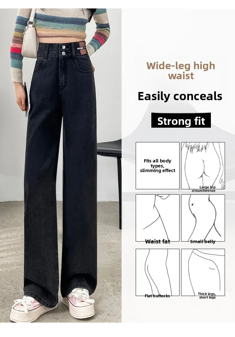 Slim Wide Leg Denim Jeans High Waist Double Bule Straight Cut Pants for Women Bla ey Autumn New Arrival Faionable Wea...