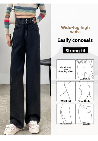 Slim Wide Leg Denim Jeans High Waist Double Bule Straight Cut Pants for Women Bla ey Autumn New Arrival Faionable Wea...
