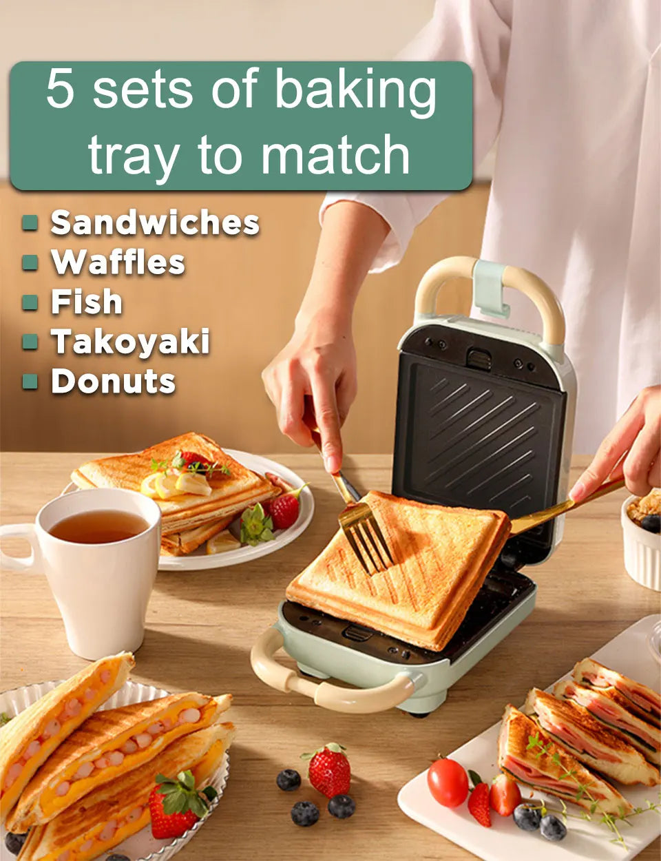 Mini Sandwich Maker - Electric Breakfast Multi Cooker for Toasts Pancakes Waffles  Donuts
