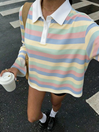 Women's Autumn Casual Lapel Button Color Block Geometric Pattern Long Sleeve Hoodie Top for Daily Travel