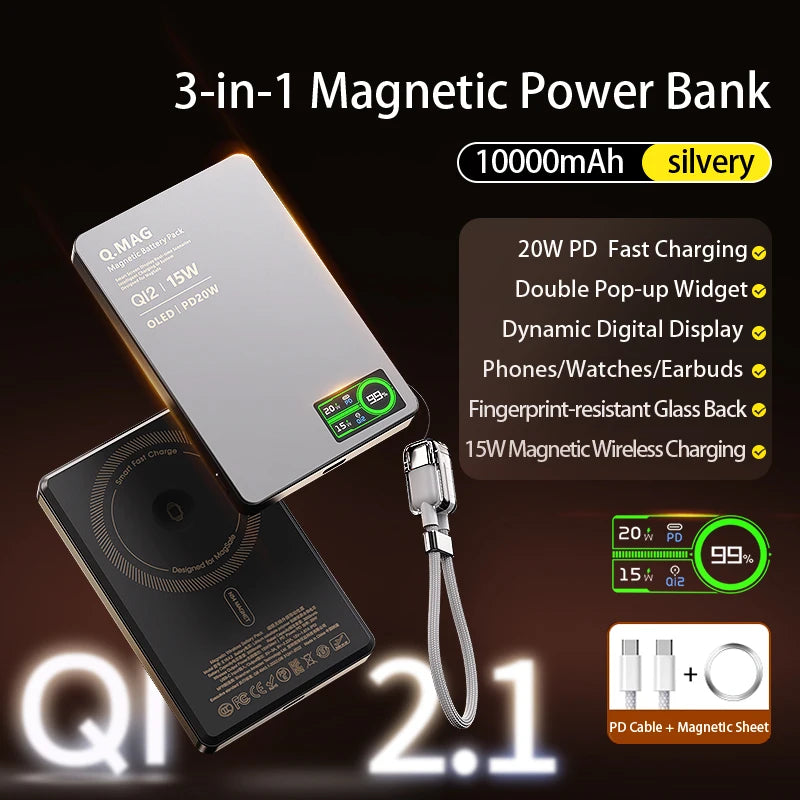 Magnetic Wireless Powerbank Qi 2.1 USB-C Fast Charging External Battery for iPhone 12-17 Pro Airpods Watch Xiaomi 10000mAh