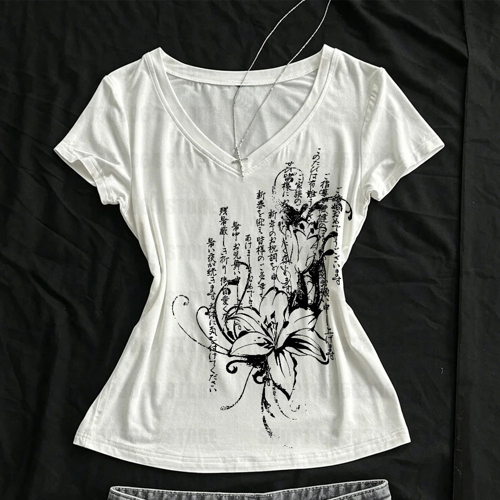 Women's Tee Shirt Summer Gothic Print T-Shirt Short Sleeve Slim Fit Graphic Tops 2000s Grunge E-girls Korean Style Streetwear