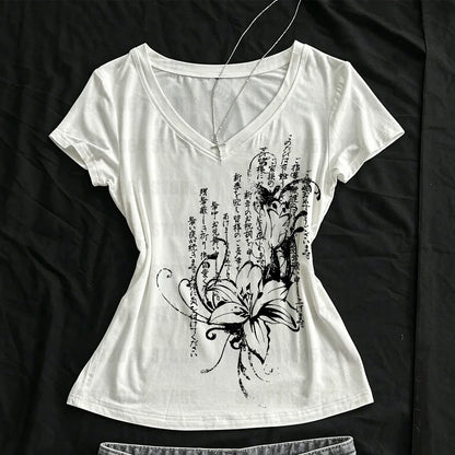 Women's Tee Shirt Summer Gothic Print T-Shirt Short Sleeve Slim Fit Graphic Tops 2000s Grunge E-girls Korean Style Streetwear