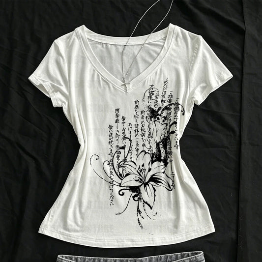 Women's Tee Shirt Summer Gothic Print T-Shirt Short Sleeve Slim Fit Graphic Tops 2000s Grunge E-girls Korean Style Streetwear