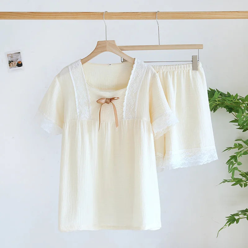 Japanese summer new short-sleeved shorts ladies pajamas set 100% cotton crepe solid color fresh home clothes two-piece set