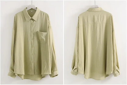 Summer Blue Linen Shirts For Women Oversized Long Sleeve Tops Green Shirt Woman Work Basic Linen Tops Women White Shirts Ladies