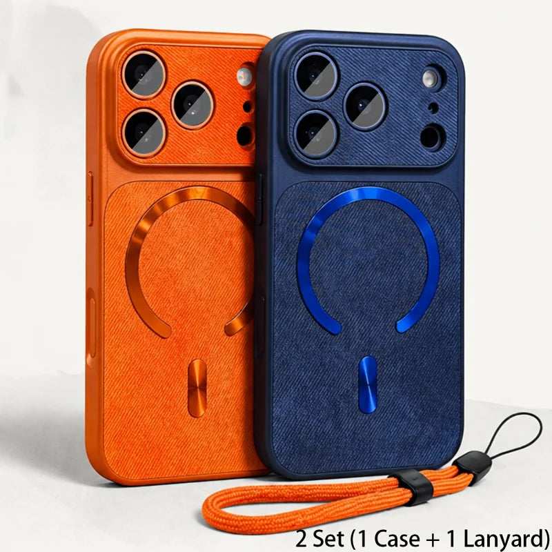 Luxury Orange Fabric Magnetic Phone Case For iPhone 17 Air 16 15 14 13 Pro Max Shockproof Protective Cover With Hand Lanyard