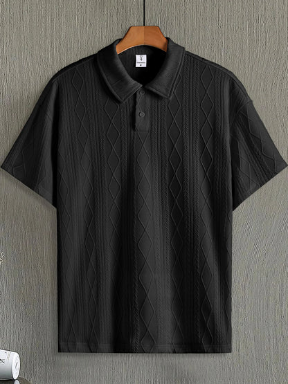 Men's Beige Argyle Texture Short Sleeve Polo Shirt Summer Loose Smart Casual Top