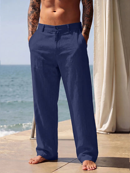 New Men Cotton Linen Pants Summer and Autumn Solid High Waist Wide-Leg Trousers Male Loose Hemp Casual Breathable Sports Pants