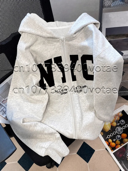 Fashion Letter Zip Up Hoodies Women Autumn Long Sleeve Tops Loose Hood Shirt Harajuku Y2K Clothes Female Sweatshirt Jacket