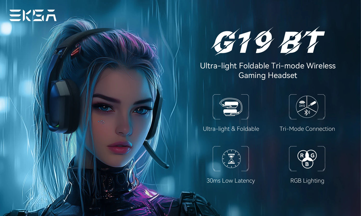 EKSA G19BT 2.4GHz Wireless Gaming Headphones Ultra-light Bluetooth 5.4 Headset Gamer with Microphone for PC/PS5/Xbox