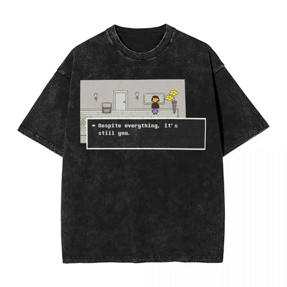 Washed Cartoon T Shirts Undertale Dog Pocket Graphic T-Shirts Cotton Loose Streetwear Short Sleeve Tee Shirt Men Women Clothing