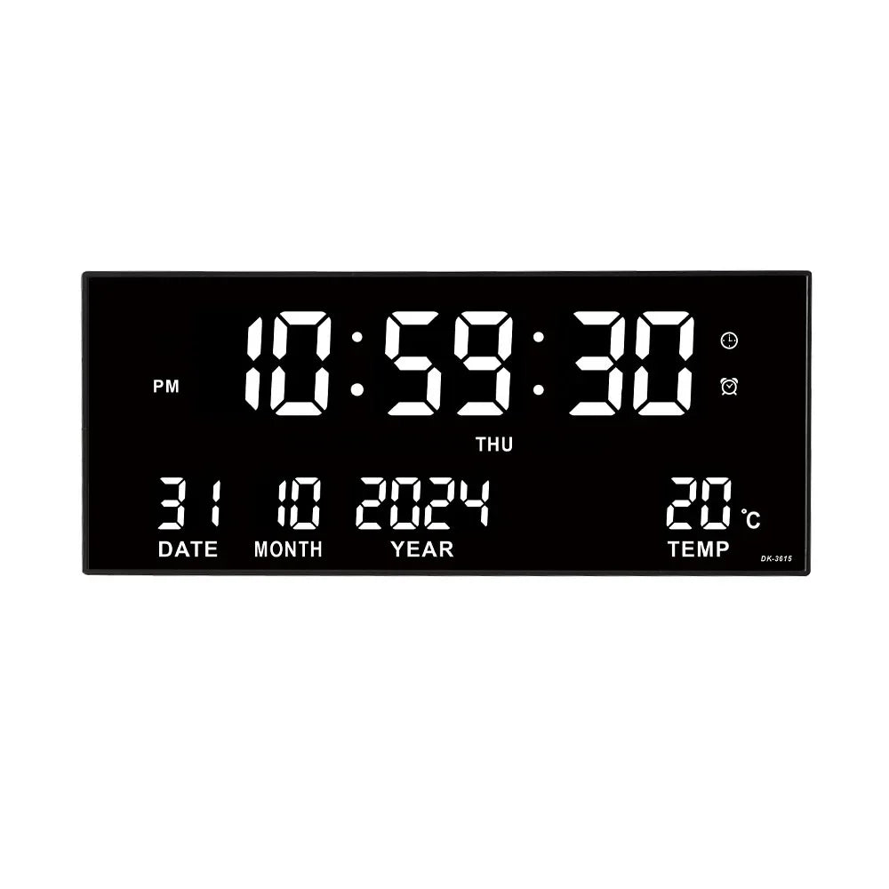 Large Digital Wall Clock with Alarm Temperature  Date Display - 14 LED Plug-In Clock