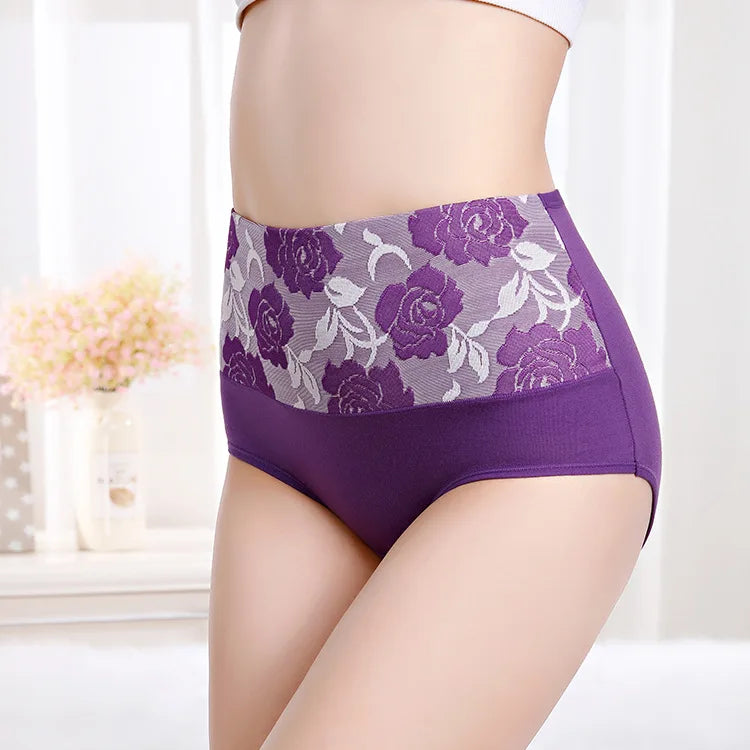 Plus Size L-5XL Women's Briefs Underwear Cotton High Waist Tummy Control Panties Rose Jacquard Ladies Panty Multipack