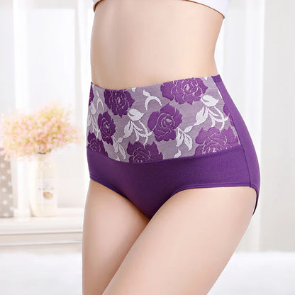 Plus Size L-5XL Women's Briefs Underwear Cotton High Waist Tummy Control Panties Rose Jacquard Ladies Panty Multipack