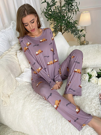 Women's new style casual pajamas set cartoon long sleeves and pants two sets of cute home wear