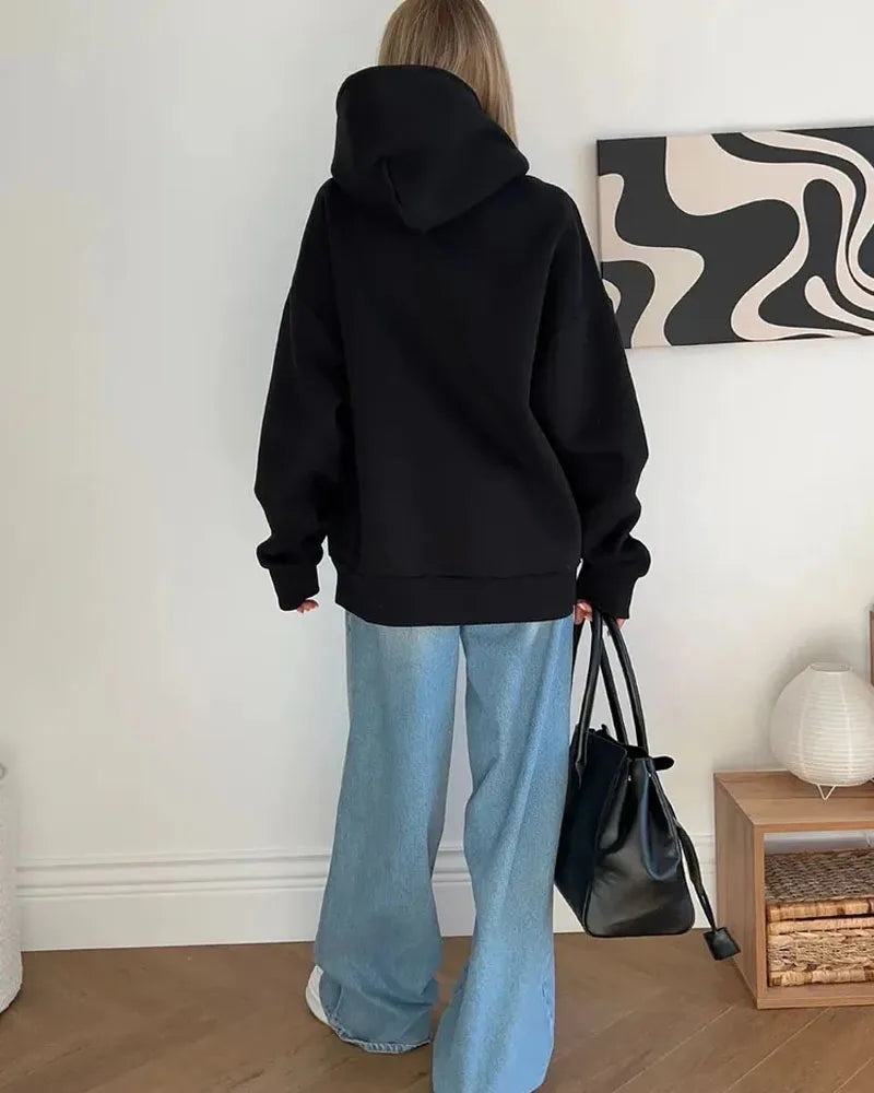Women Oversized Zip Up Hoodie Solid Black Loose Full Zipper Hooded Sweatshirt Casual Pocket Streetwear Soft Thick Hooded Jacket