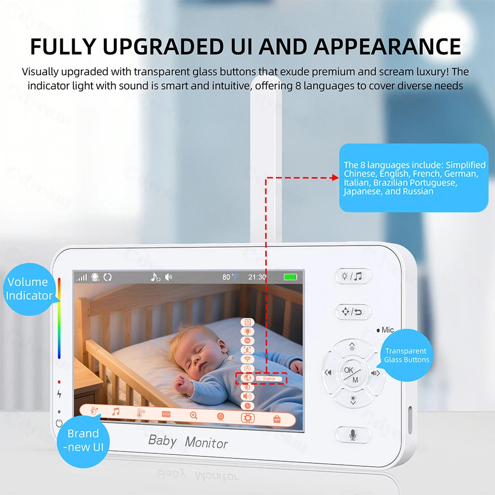 1080P HD WiFi Baby Monitor Phone APP Remote View 4.3" Nanny Night Light VOX HD Night Vision Lullabies Temperature Monitor Camera