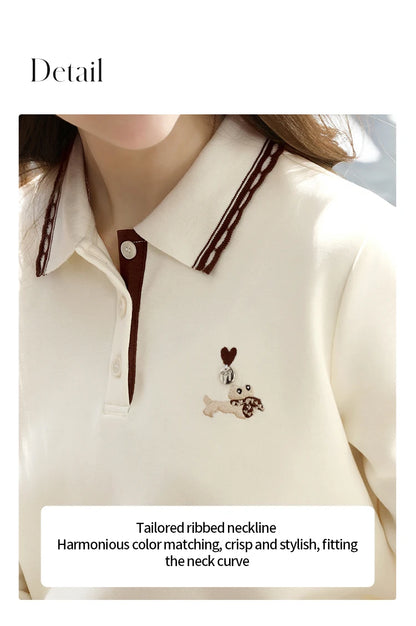 Polo Neck T-shirt - Long Sleeve Apricot Top With Embroidery Detail | Casual Women Shirt