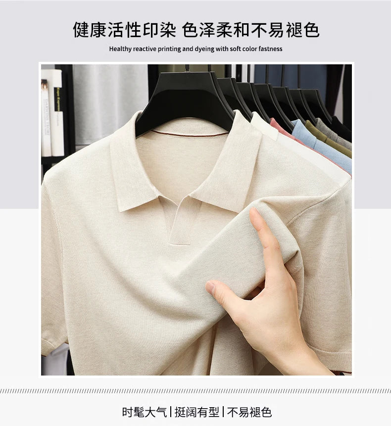 100%  Lyocell Knitwear 2025 Men Spring Summer Trendy Turn Down Collar Knit Tees Short Sleeve Breathable Knit Tops