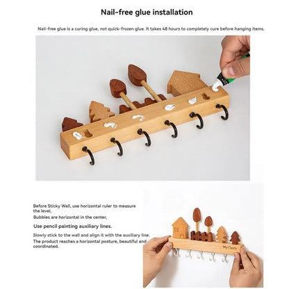 Charming Solid Wood Key Hook Rack - Punch-Free Wall Mount Storage For Keys, Coats & Towels - Perfect Home Decor Accessory