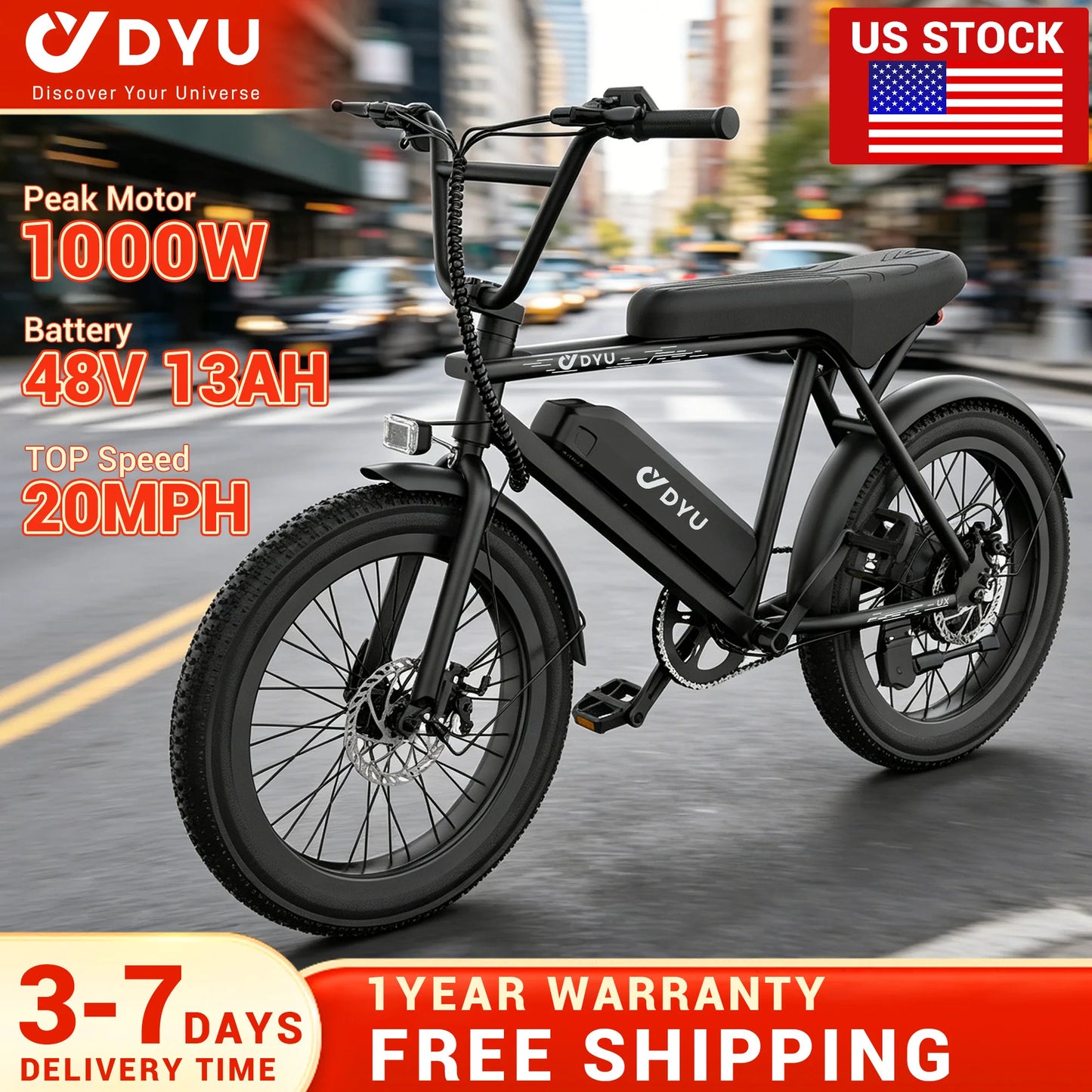 DYU BMX Electric Bike 20*3.0 Fat Tire E-Bike 48V 13Ah Removable Battery 1000W Peak Motor City Electric Bicycle for Adults