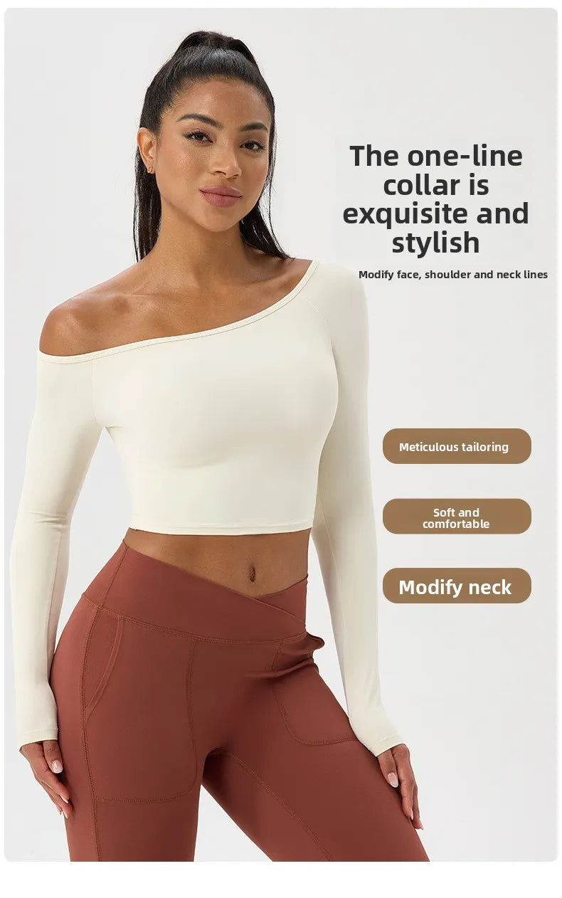 Women's Yoga Shirt - Long Sleeve One Shoulder Tight Fit Workout Top | Quick Drying