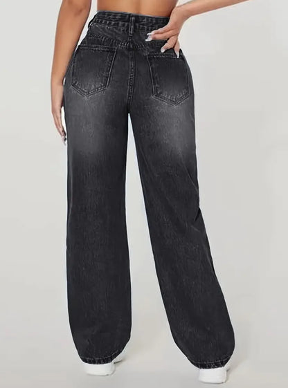 Washed Ripped Jeans, Women Four Seasons New Fashion Personality To Do Old Denim High Waist Straight Comfortable Wide Leg Pants