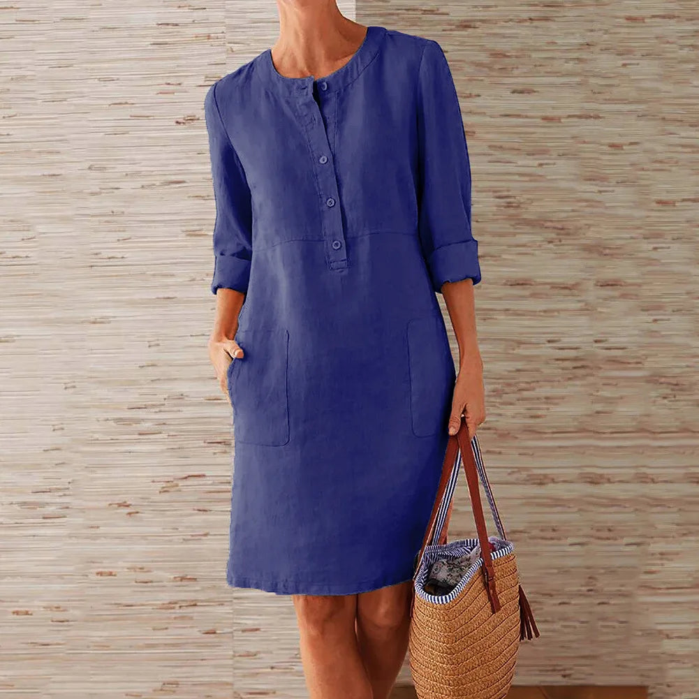 Women's Cotton Linen Tunic Dress – Vintage Long-Sleeve Oversized Mini Dress