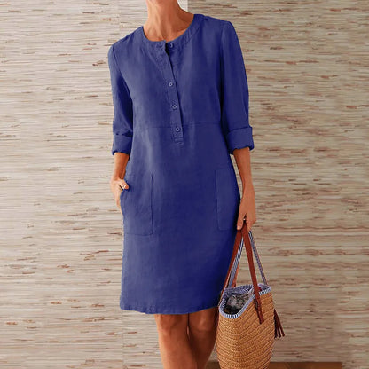Women's Cotton Linen Tunic Dress – Vintage Long-Sleeve Oversized Mini Dress