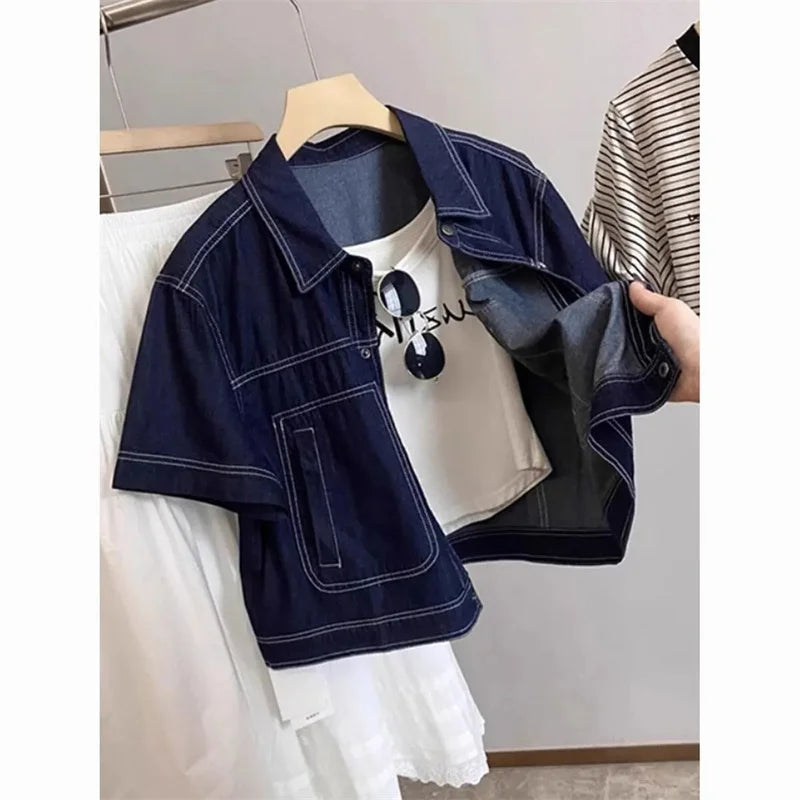 Deep Blue Retro Short Denim Shirts 2026 New Spring Summer Short Sleeved Loose Jeans Jacket Women Korean Versatile Outwear Tops