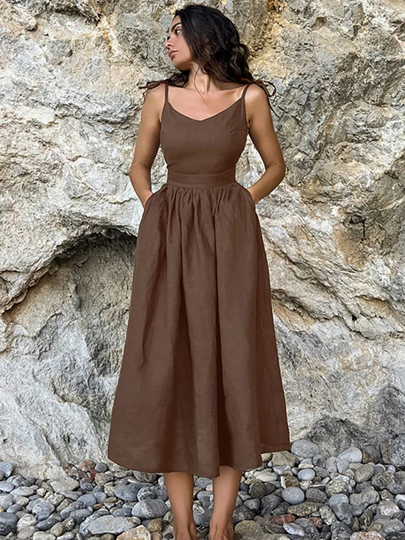 Aynaray 2024 Spring Summer Women Holiday Solid Backless Dress V-neck Spaghetti A-Line Flare Midi Dress For Women