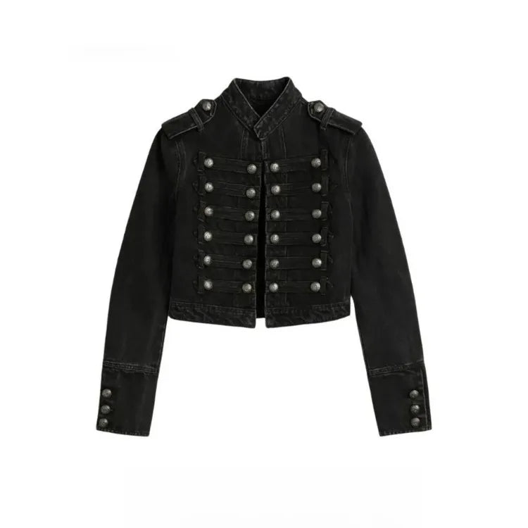 Y2K Retro Hussars Jacket Stand Collar Double Breasted Button Cropped Jacket Napoleon Old Money BLK Denim Jacket Women Boxy Coat