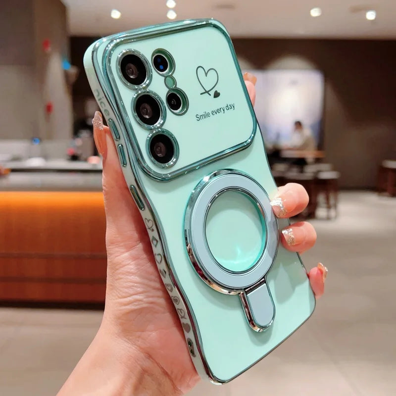 Wave Plating Side Love Heart Phone Case For Samsung Galaxy S26 S25 Ultra S24 S23 S22 A16 A55 Protect Lens Shockproof Back Cover
