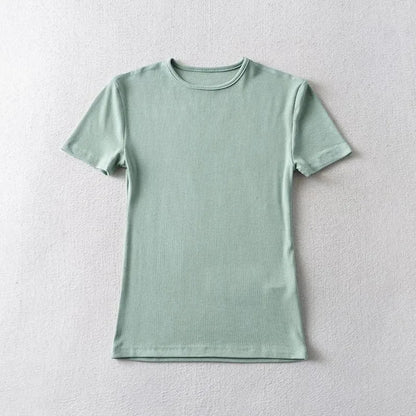 Casual Summer Woman Skinny Fit T-shirt Tight Short-Sleeve O-neck Tee Basic Solid Crop Tops T Shirt