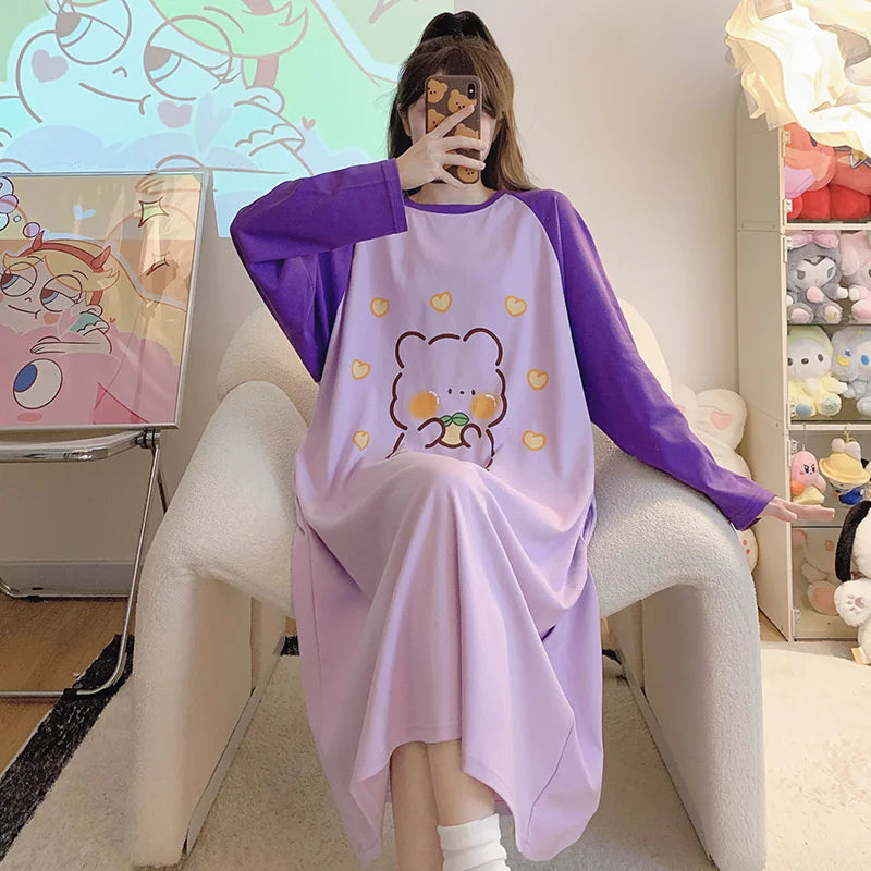 New Spring Summer Cotton Women's Pajamas Cute Long-sleeved Nightdress Cartoon Print Dress Home Service